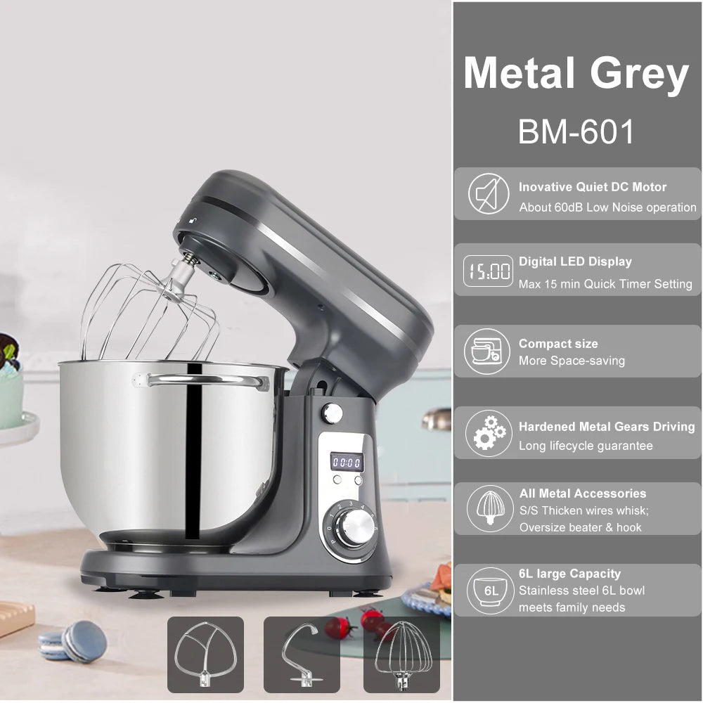 BioloMix Kitchen Food Stand Mixer, Blender, Quiet Motor, Cream Egg Whisk, Whip Dough Kneader, 6-Speed, 1200 W, 6 L, DC