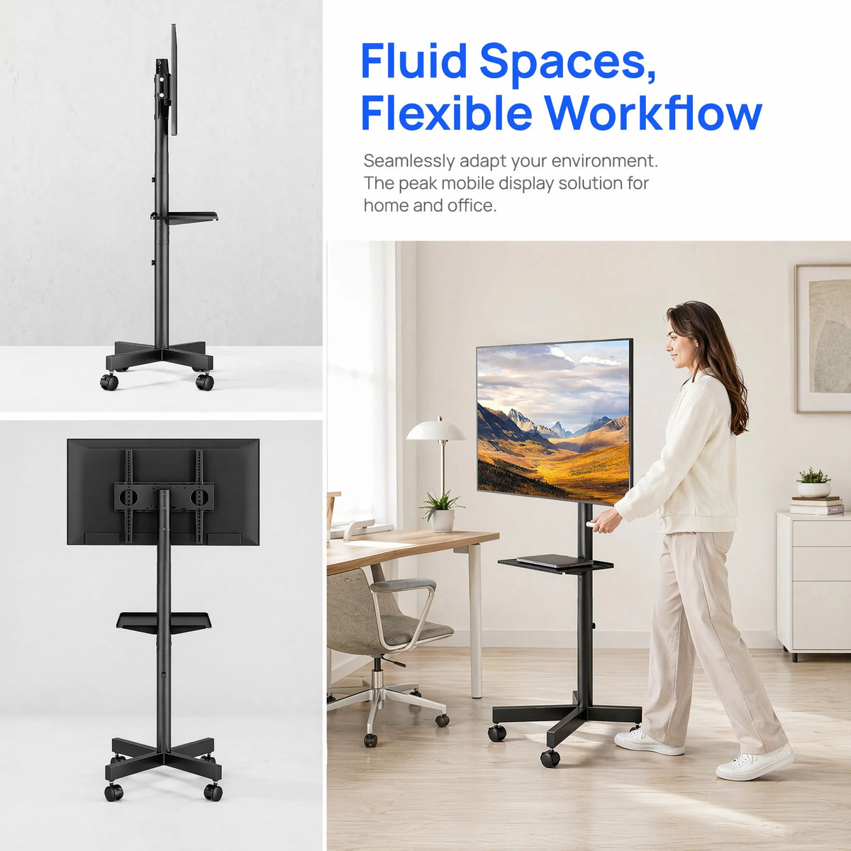 Rolling TV Stand on Wheels with Tilt for 23-65 Inch Screen TVs, Mobile TV Cart Height - Adjustable with Shelf/Tray, Portable TV Stand Holds up to 99 lbs, Max VESA 400x400mm
