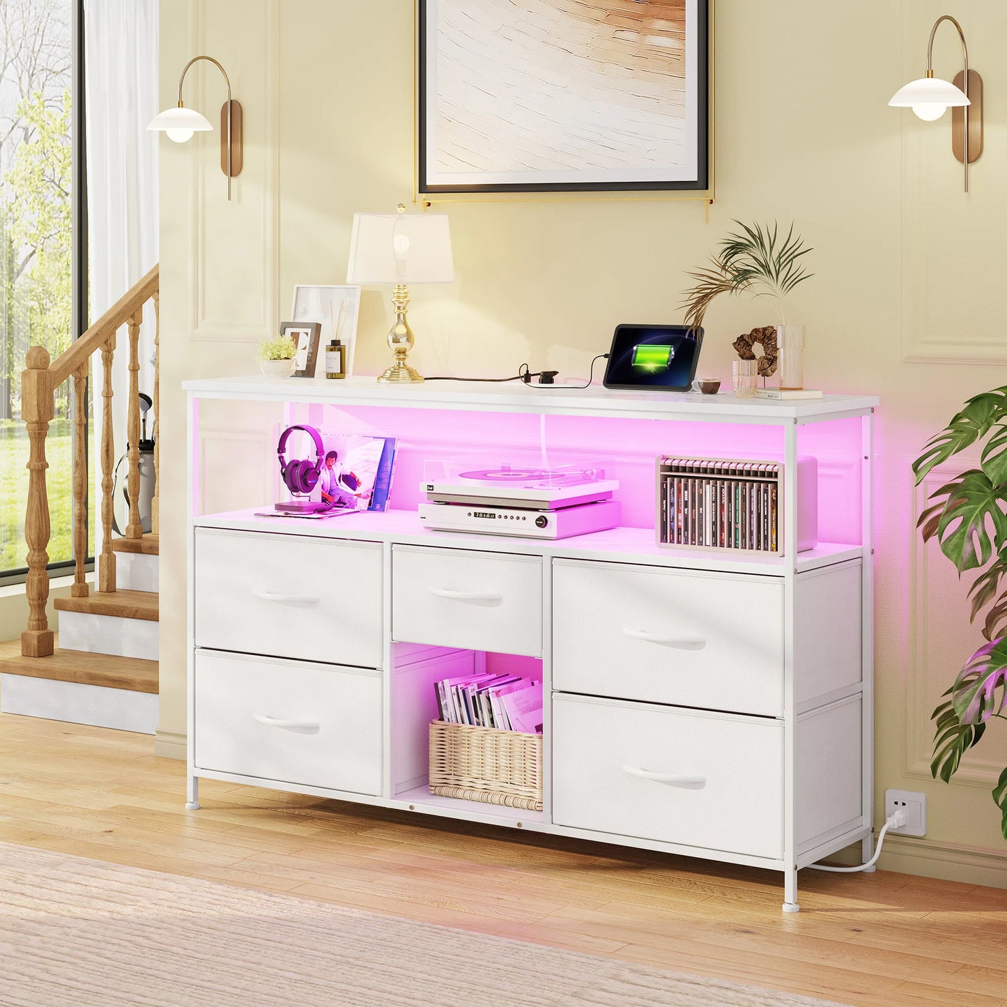 5‑Drawer TV Console with LED Accent Lights – 45/50" Compatible, Metal Frame, Leveling Feet, Scratch‑Resistant Top, Quick Assembly – Spacious Shelves + Fabric Drawers – Ideal for Dorm, Apartment, Living Room Use