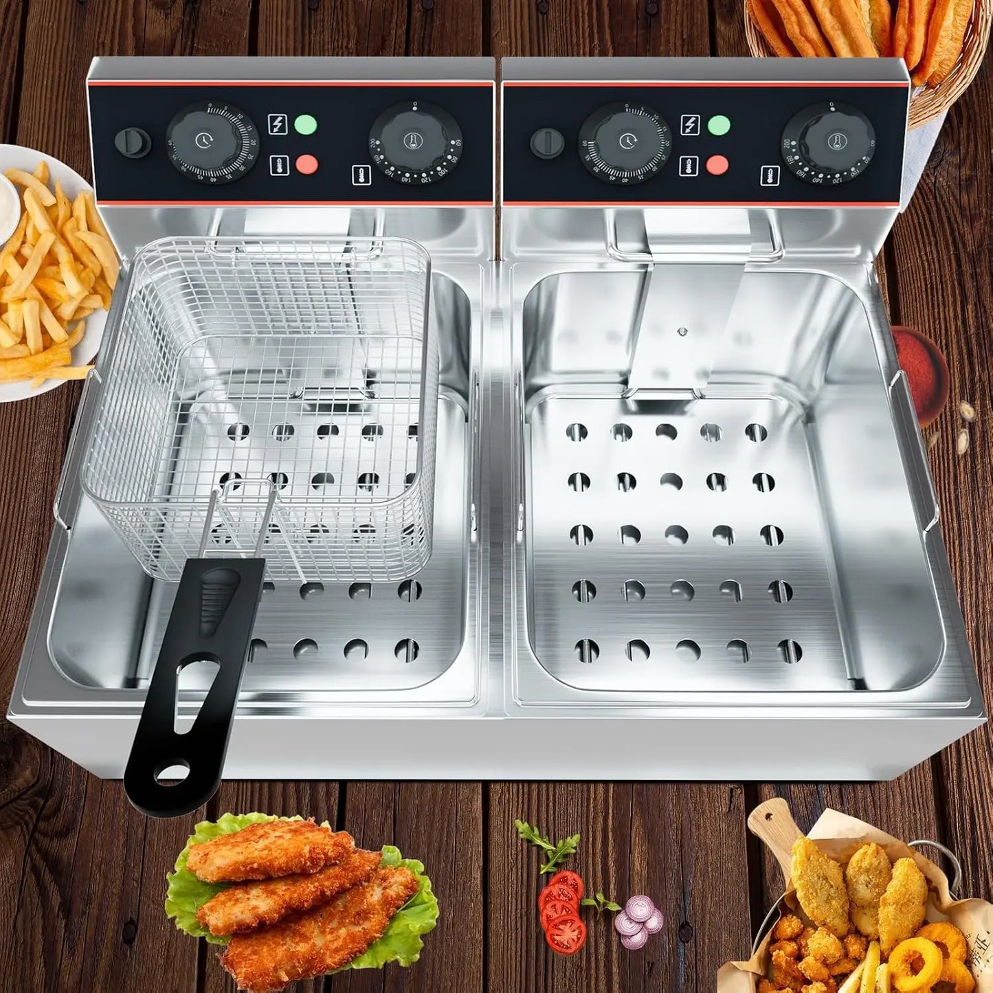 Acekool Commercial Electric Deep Fryer With Baskets Adjustable Temperature