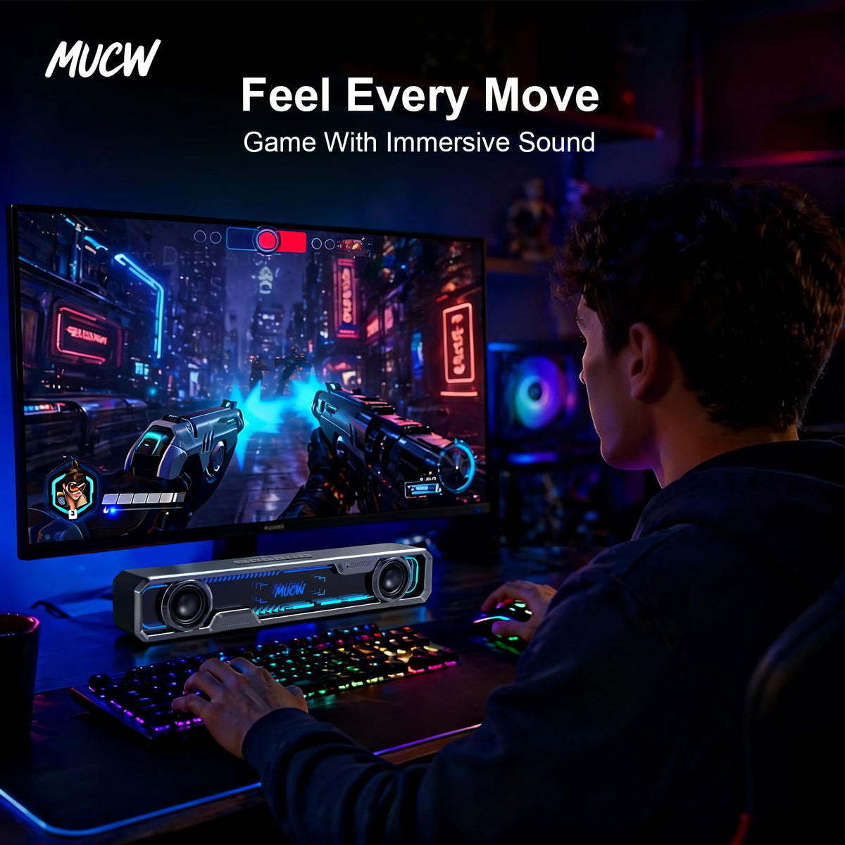 MUCW MU‑C13 Desktop Soundbar 6W Dual‑Driver Stereo Computer Speaker Bluetooth 5.4 & USB Sound Card RGB Gaming Light For PC Monitor Office Gaming