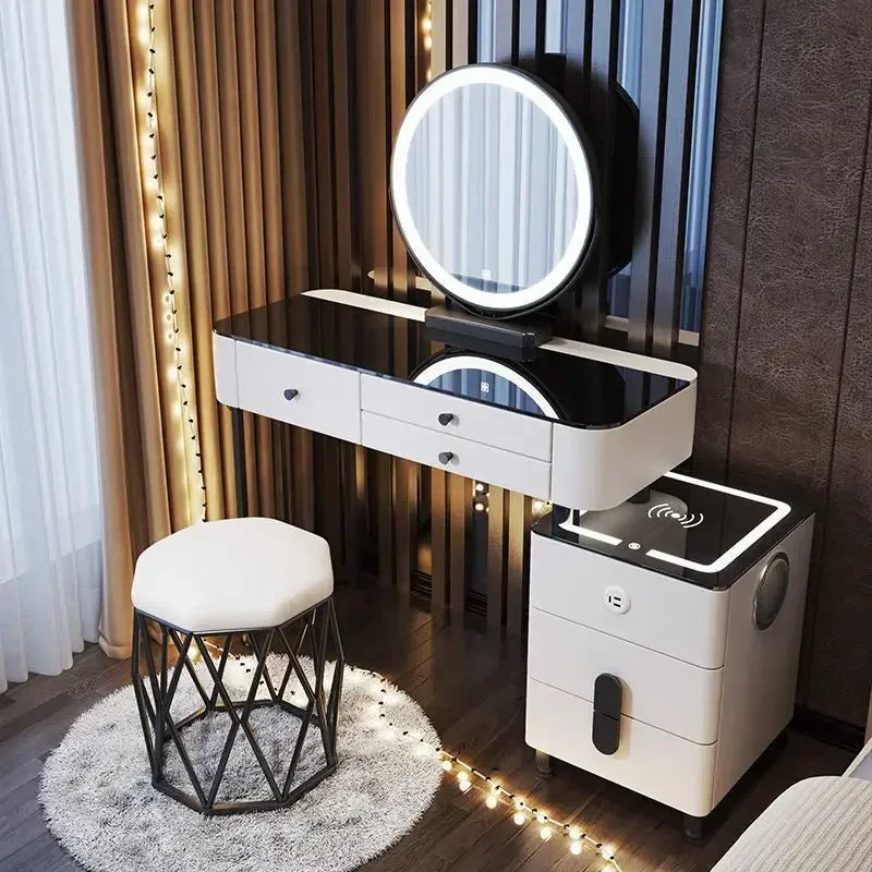Modern Wooden Makeup Vanity With Wireless Charging And LED Mirror