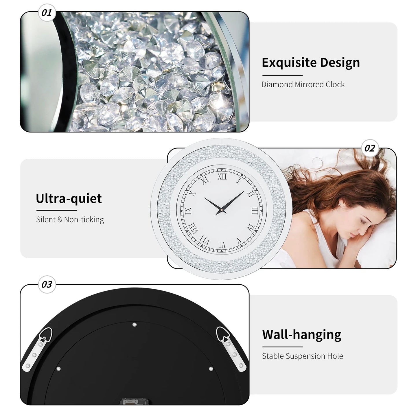 Round Mirror Clock With Crystals For Elegant Wall Decor