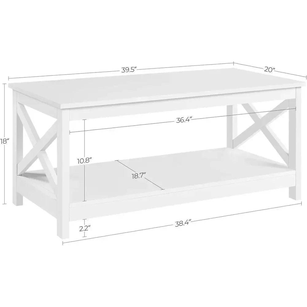 Wood 2 Tier White Coffee Table With Storage Shelves