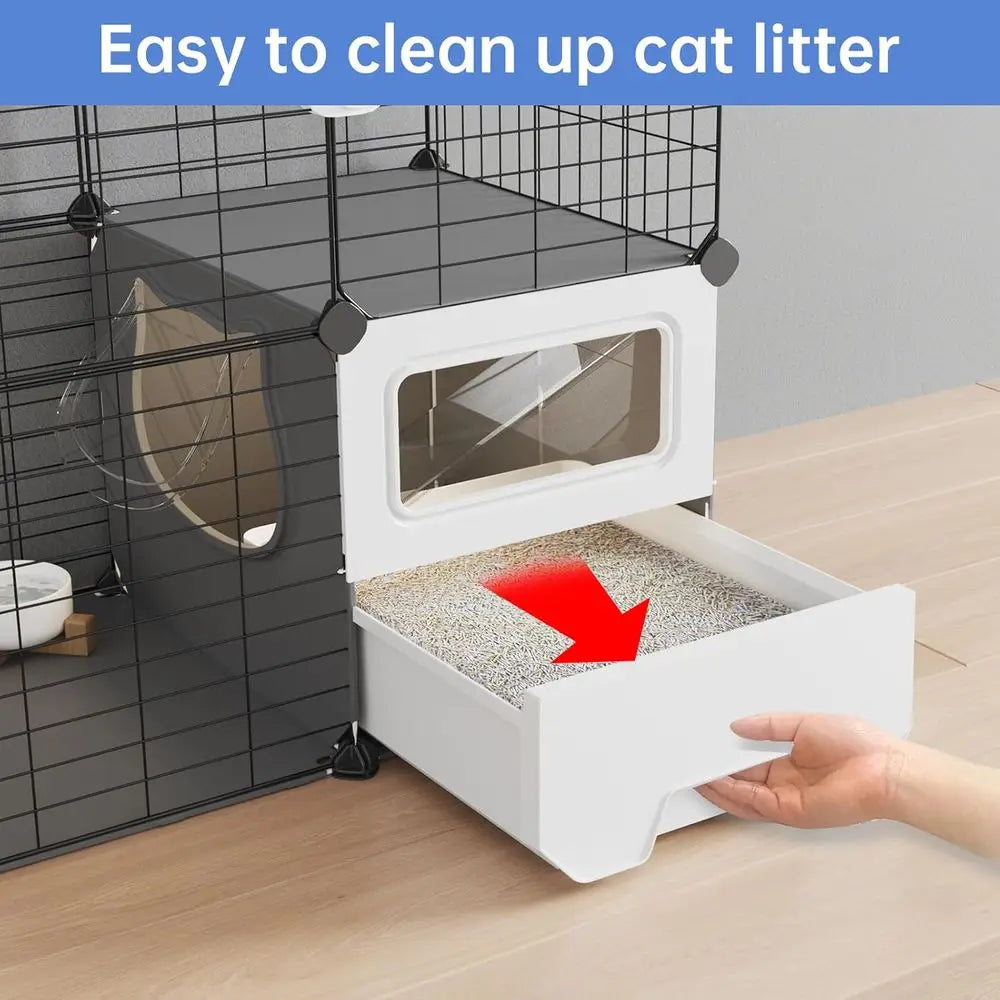 Detachable Metal Wire Cat Playpen with Litter Box Two Tiers