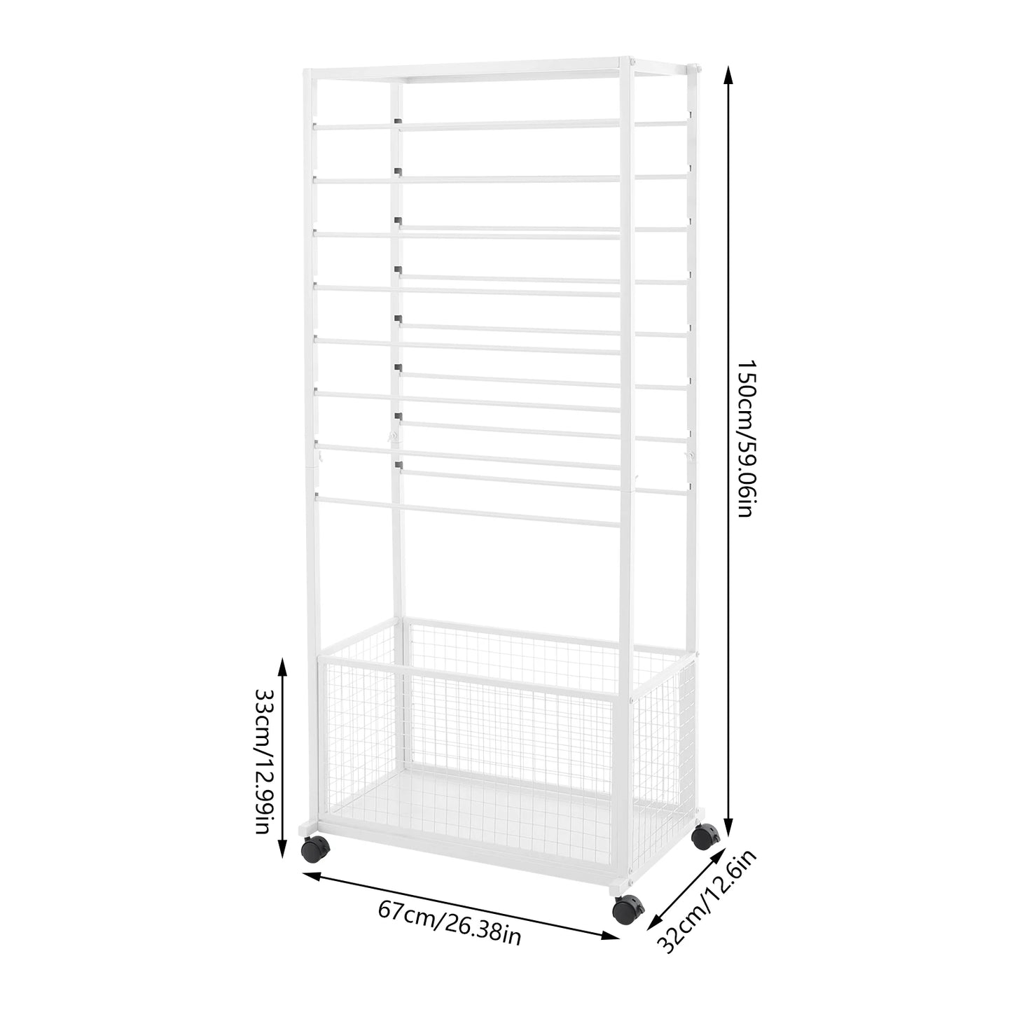 67*32*150cm White 16-layer Ribbon Rack with Top Shelf Flower Wrapping Paper Rack with Rollers Display Rack with Storage Basket