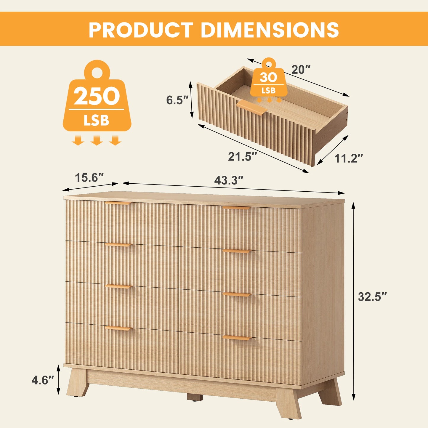 JHK 8 Drawer Dresser Fluted Wooden Cabinet Wide Modern Chest of Drawers with Gold Metal Handles Storage Organizer Unit for Living Room Hallway
