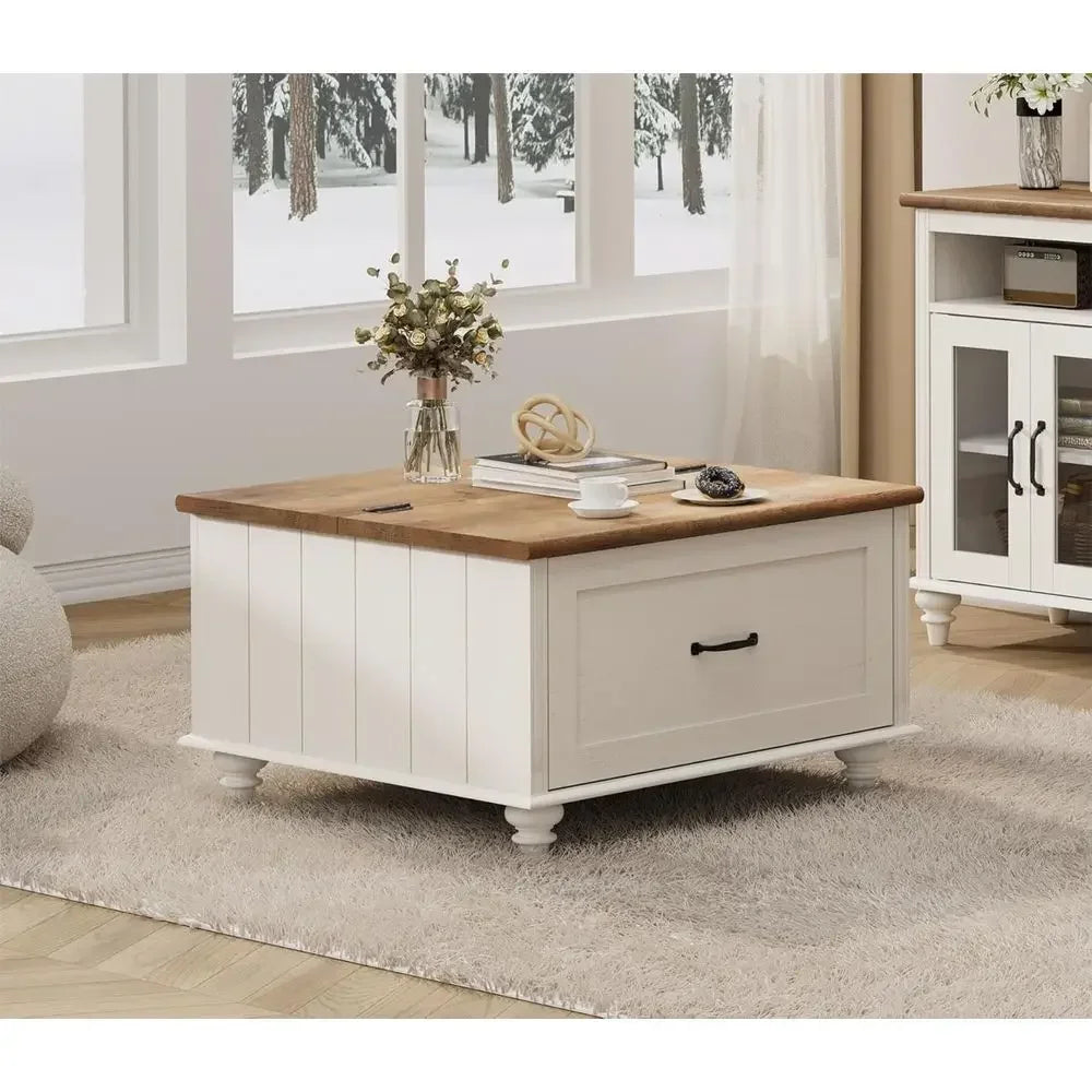 Farmhouse Coffee Table With Storage Cabinet Wooden Center Table