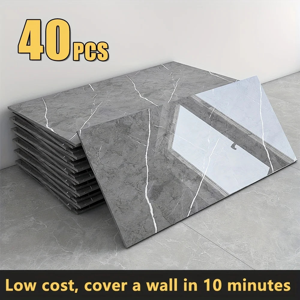 us20/40pcs Glossy Marble Pattern Wall Panels Wall Sticker Set, Self-Adhesive Detachable PVC Wall Panels Wall Decals, Waterproof Peel And Stick Backsplash for Kitchen, Bathroom, Living Room, Home, Office, Dorm Decord