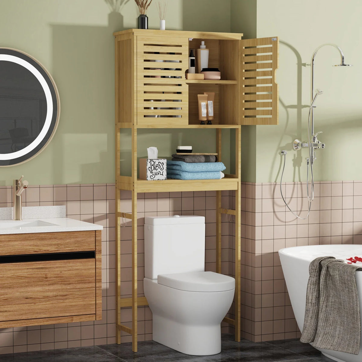 Natural Bamboo Over The Toilet Storage Rack Three Tier Shelves
