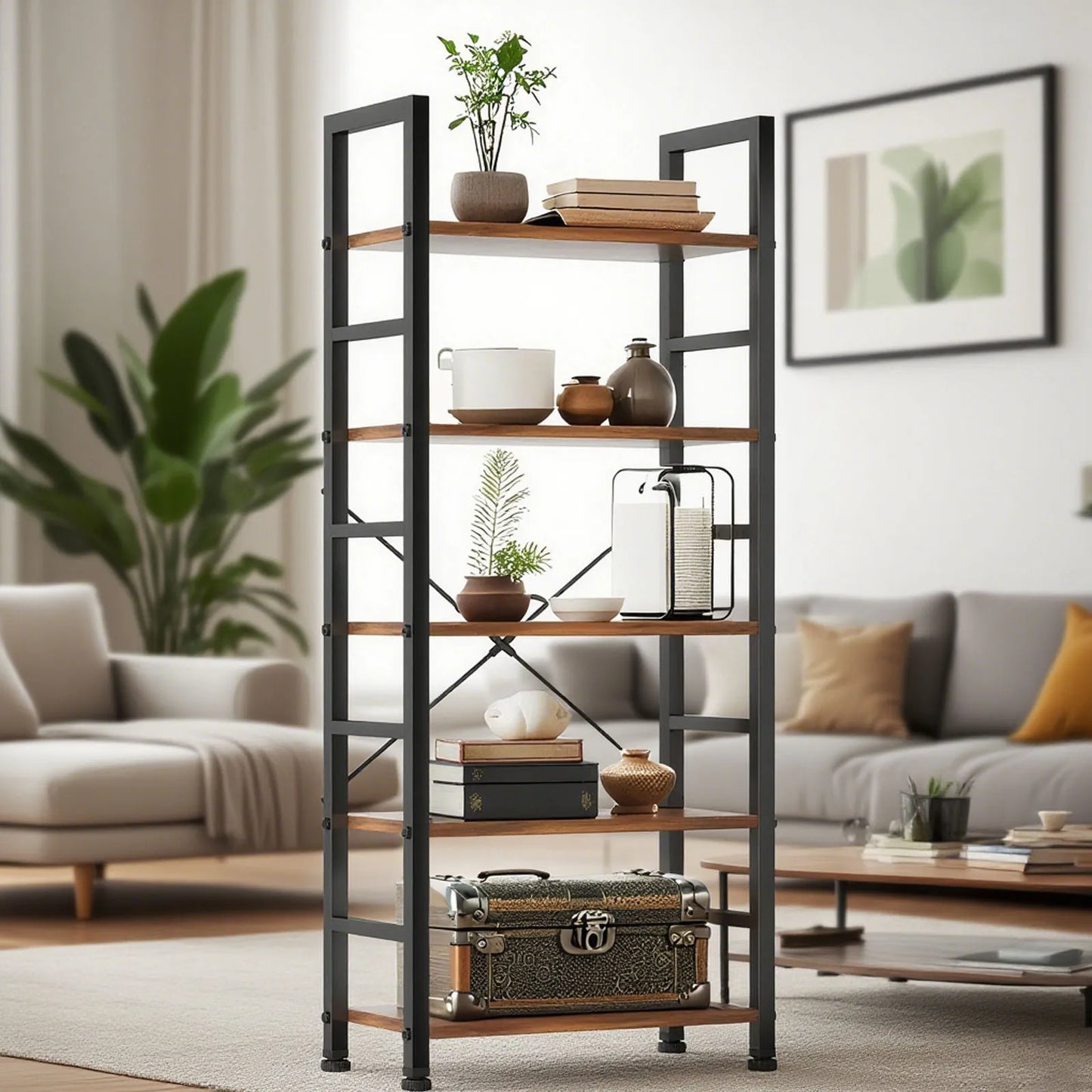 Book Shelf, 5 Tier/6 Tier/ Bookcase, Modern Tall Bookshelf Corner Storage Organizer for Garage Kit, CDs, Movies Suitable Home Of