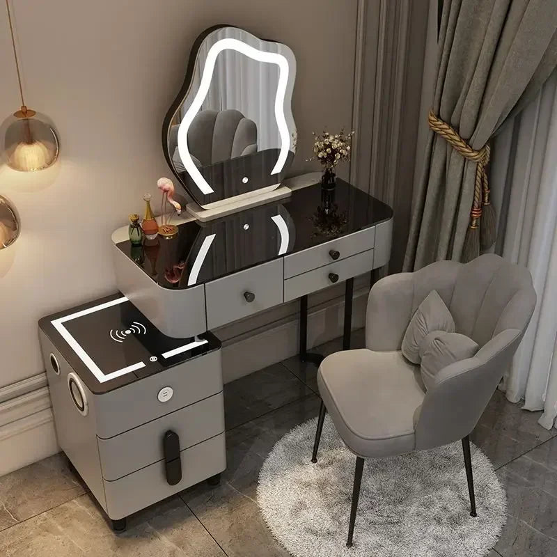 Luxury Glass Vanity Table With Smart Wireless Charging Led Mirror