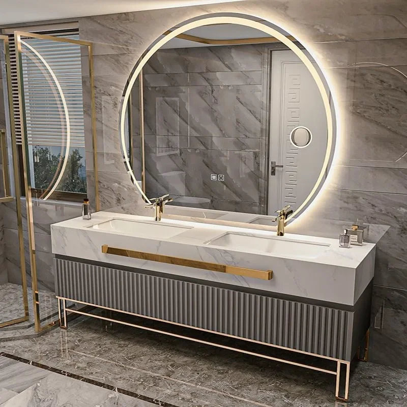 Luxury Bathroom Vanity Cabinet With Smart Led Rock Slab Countertop