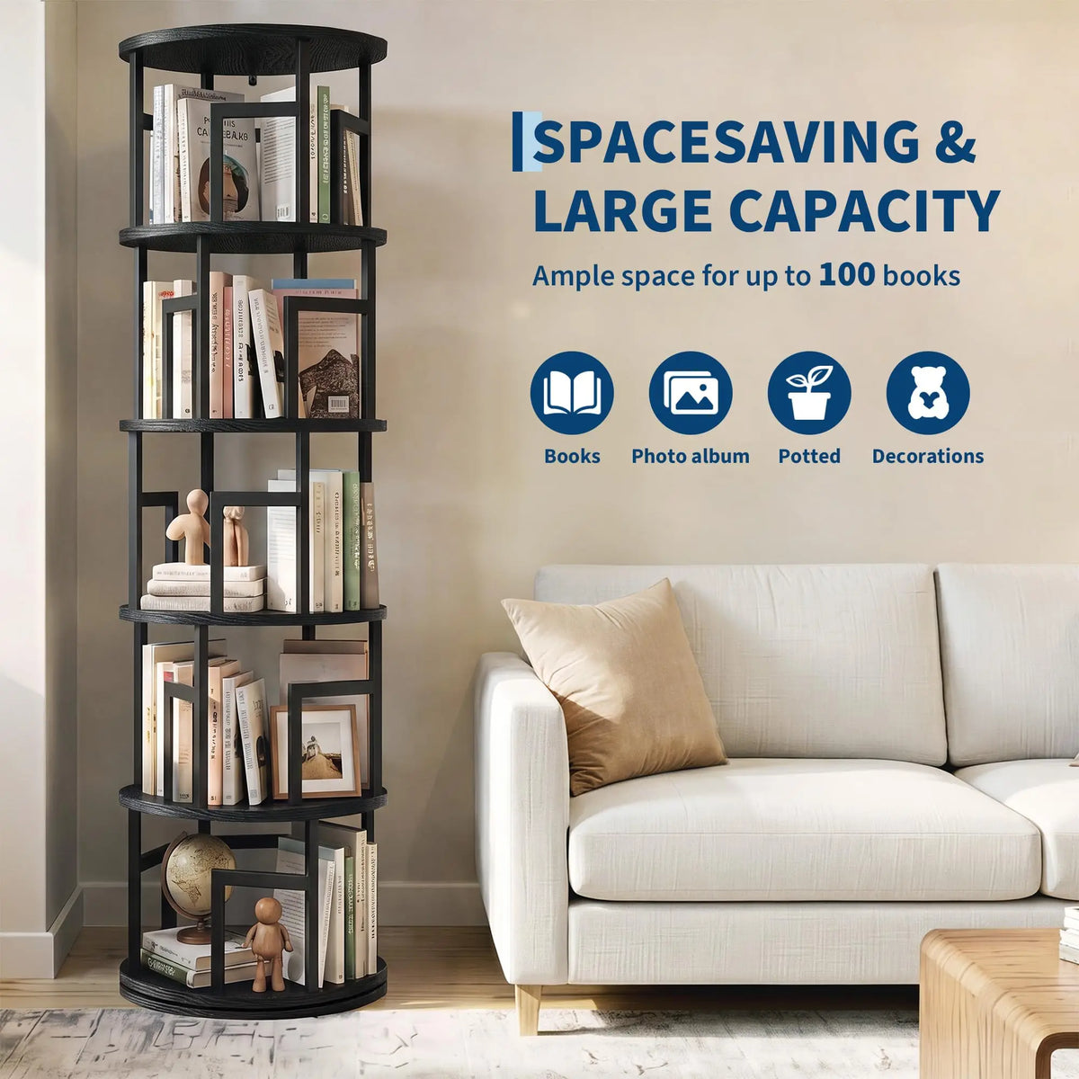 HiMISS 5 Tier Rotating Bookshelf Modern Corner Storage Tower