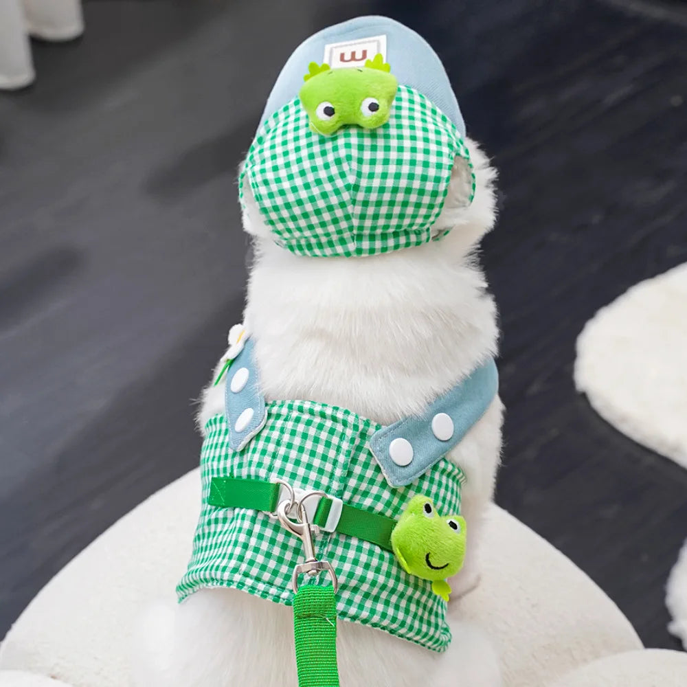Spring and Summer Outdoor Pet Supplies 3pcs/set Dog Harness Leash Sun Hat for Small Dogs Kitten Cap Frog Bear Fries Pet Clothes