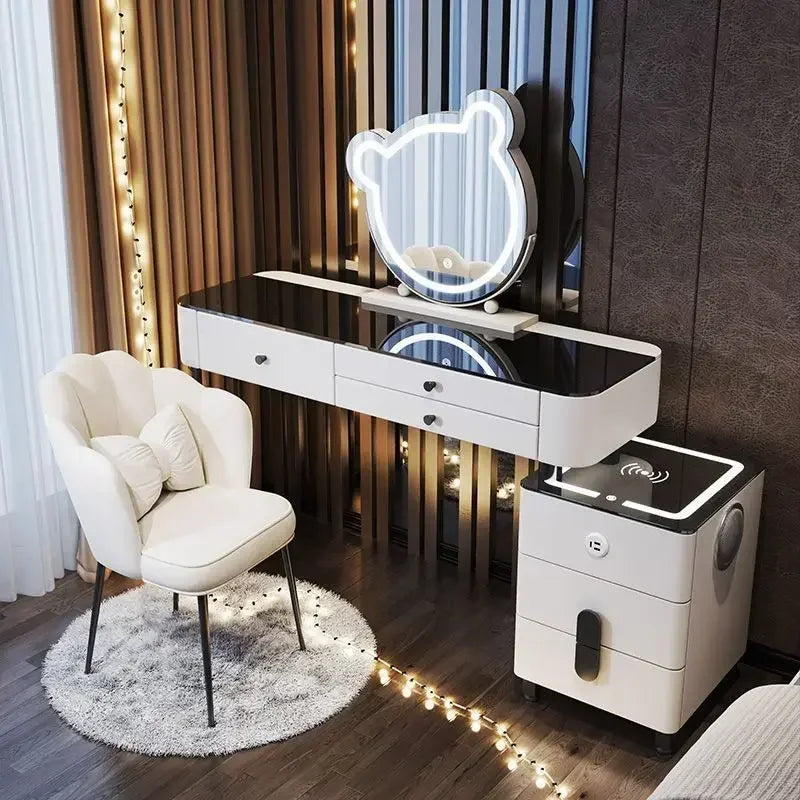 Modern Wooden Makeup Vanity With Wireless Charging And LED Mirror