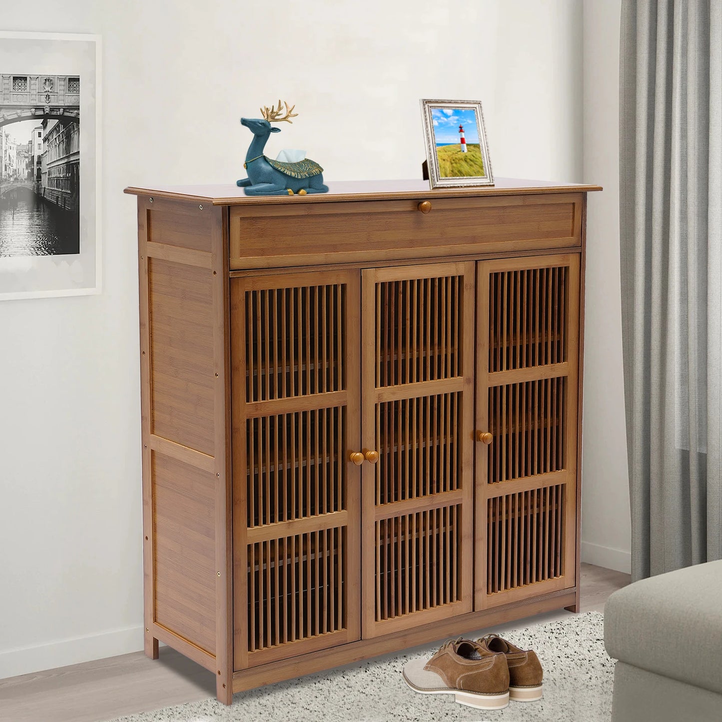 Eco-friendly Bamboo Shoe Rack with Drawer and Top Shelf – Large Capacity, Modern Design