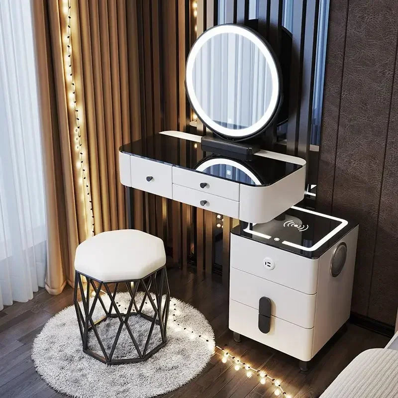 Modern Wooden Makeup Vanity With Wireless Charging And LED Mirror