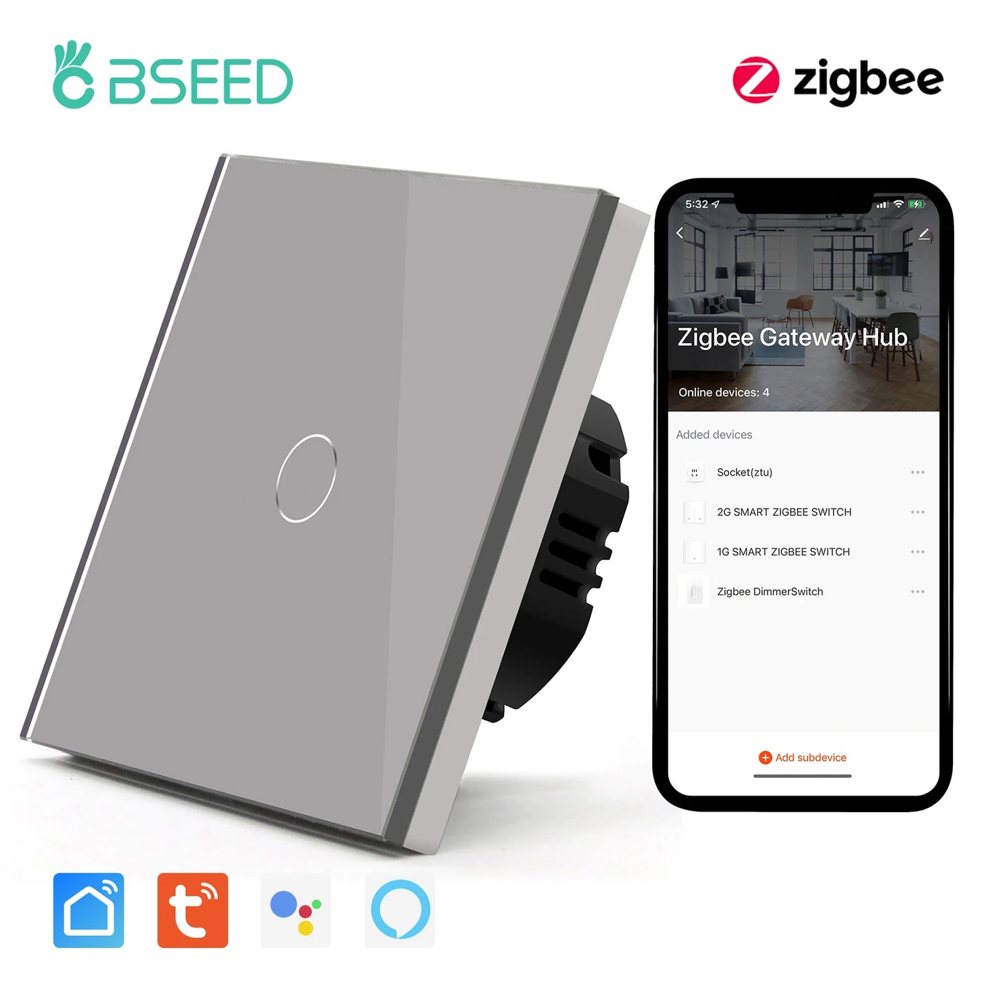 BSEED Zigbee 1/2/3 Gang 1 Way Smart Switch Single Live LED Buttons Glass Panel Work With Google Home EU Touch Switch Smart Life