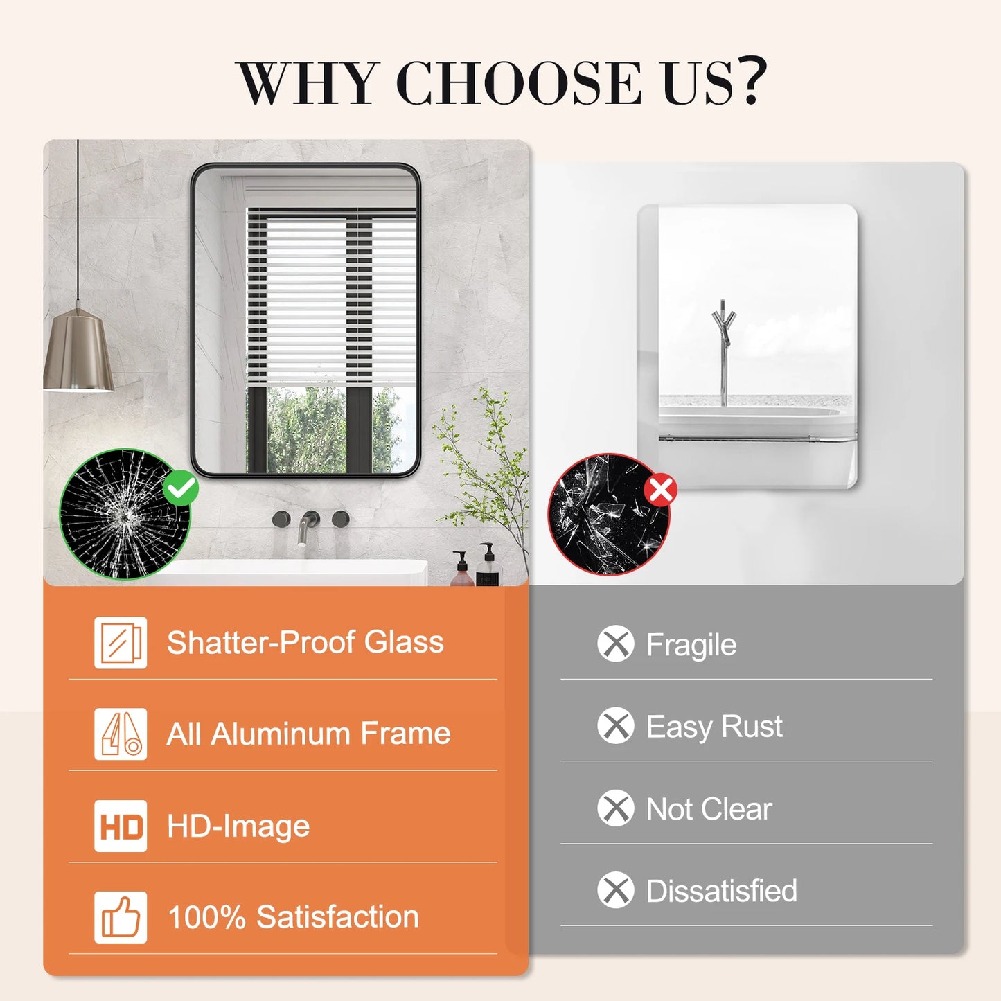 JHK Matte Metal Framed Bathroom Mirror For Vanity Wall Mounted
