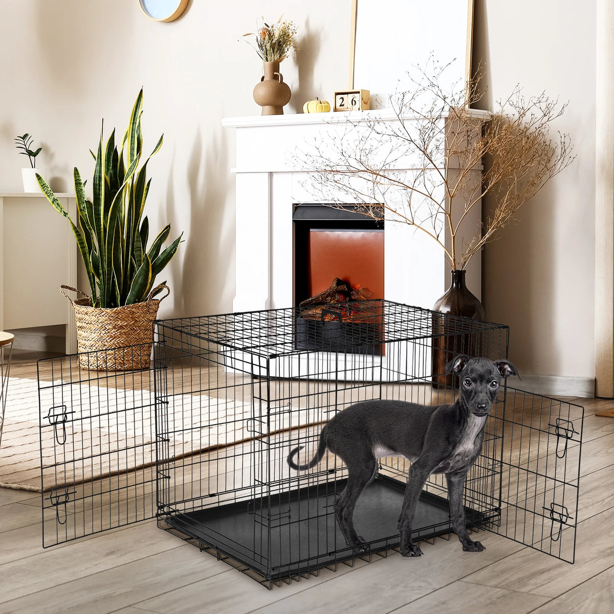 JHK Double Door Folding Metal Wire Dog Kennel With Tray