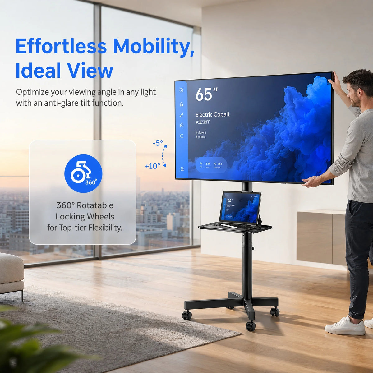 Rolling TV Stand on Wheels with Tilt for 23-65 Inch Screen TVs, Mobile TV Cart Height - Adjustable with Shelf/Tray, Portable TV Stand Holds up to 99 lbs, Max VESA 400x400mm