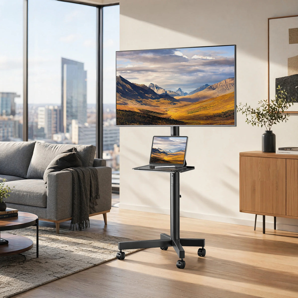 Rolling TV Stand on Wheels with Tilt for 23-65 Inch Screen TVs, Mobile TV Cart Height - Adjustable with Shelf/Tray, Portable TV Stand Holds up to 99 lbs, Max VESA 400x400mm