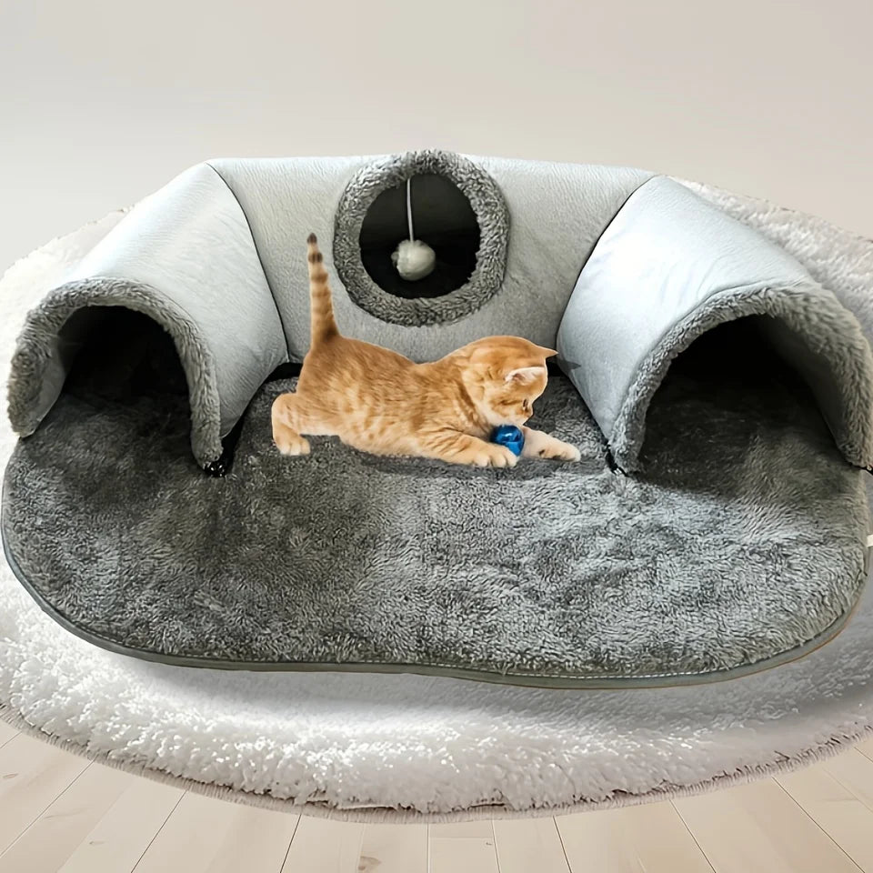 3-in-1 Cat Tunnel Bed, Convertible Play Tunnel & Warm Nest with Non-Slip Bottom, Cozy Plush Pet Mat for Cats, Rabbits