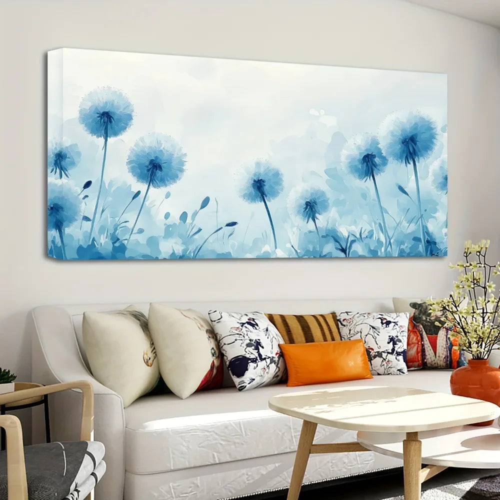 1.5 inch thick pine solid wood frame, dandelion oil painting, blue and white dandelion flower butterfly, interior decoration