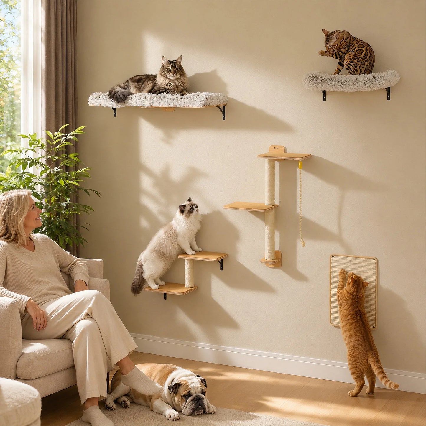 Wooden Cat Climbing Wall Shelves 5-in-1 Cat Wall Furniture with Perches Sisal Scratching Posts & Scratcher Pads Climbing Ropes Modern Climbing Set for Indoor Cats Accessories Cat Toys