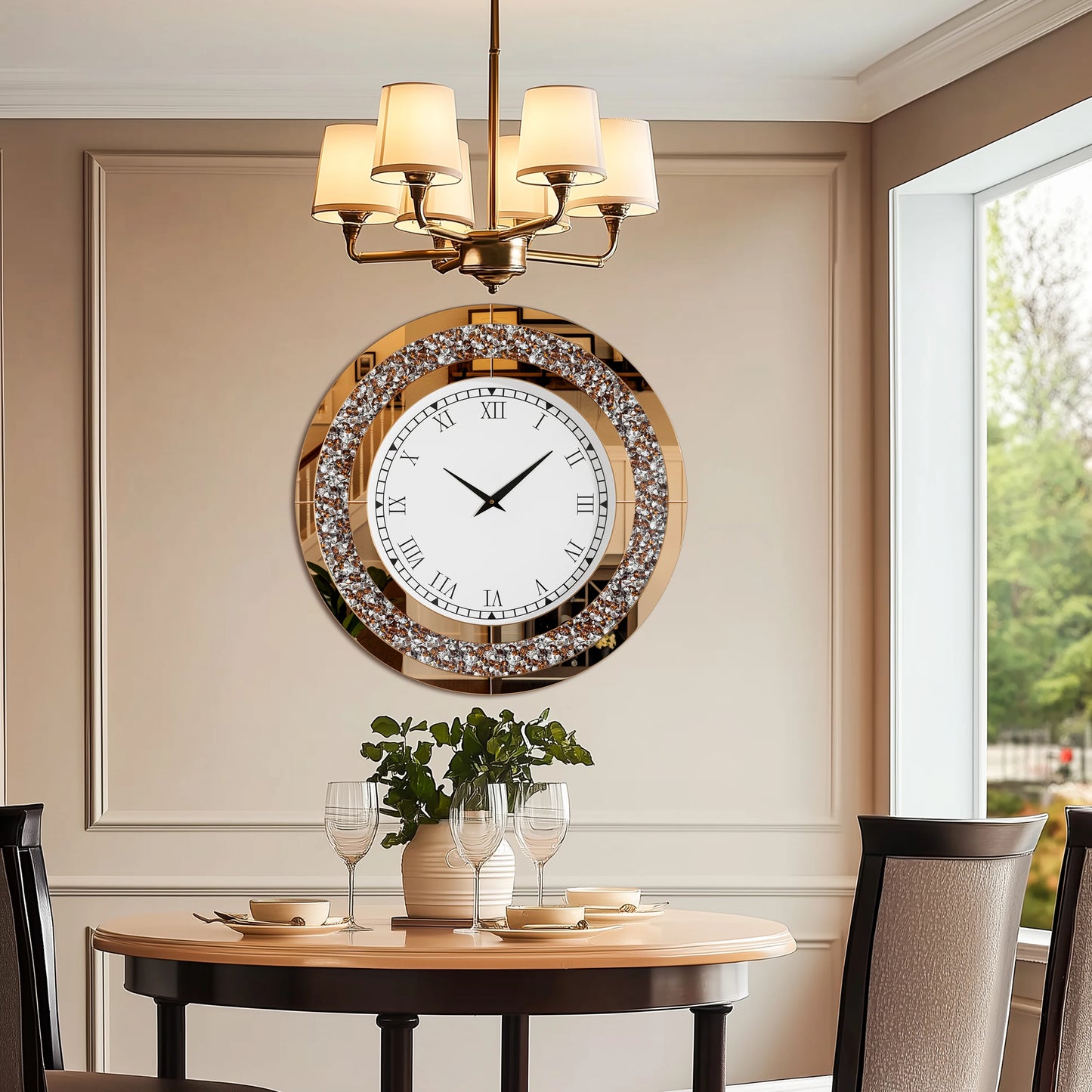 Round Mirror Clock With Crystals For Elegant Wall Decor