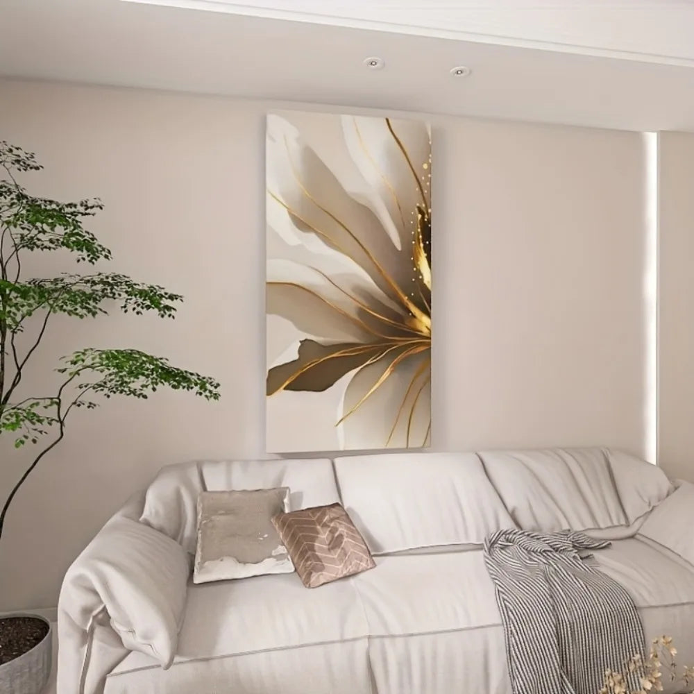 1.5 inch thick pine solid wood frame, modern abstract gold lily canvas art, living room, bedroom, hallway wall decoration