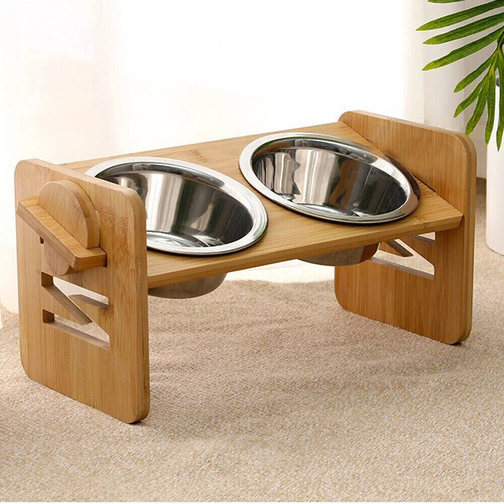 Adjustable Bamboo Elevated Dog Feeding Station With Stainless Steel Bowls