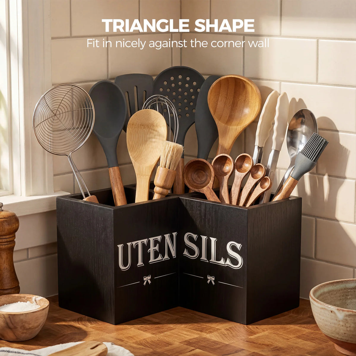 Wooden Kitchen Utensil Holder Corner Cooking Tool Organizer