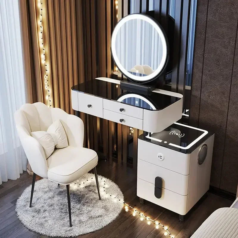 Modern Wooden Makeup Vanity With Wireless Charging And LED Mirror
