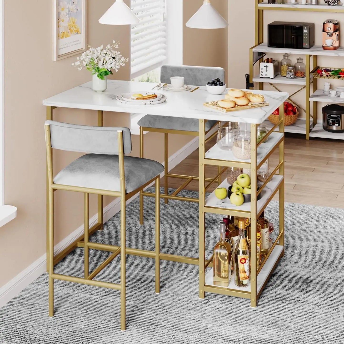 3 Piece Modern Bar Table Set for 2, Space Saving Counter Height Dining Table with Storage Shelves & Upholstered Chairs, Dining Room Furniture for Breakfast Nook Kitchen, Gold