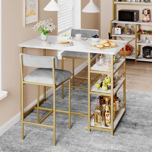 3 Piece Modern Bar Table Set for 2, Space Saving Counter Height Dining Table with Storage Shelves & Upholstered Chairs, Dining Room Furniture for Breakfast Nook Kitchen, Gold