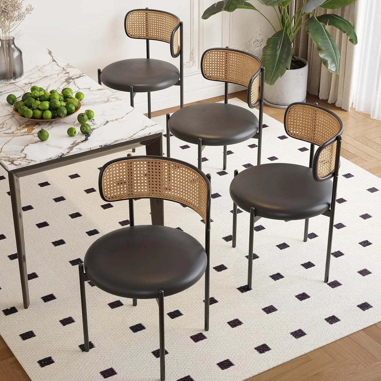 FARINI PU Leather Dining Chairs With Woven Rattan Back And Metal Legs