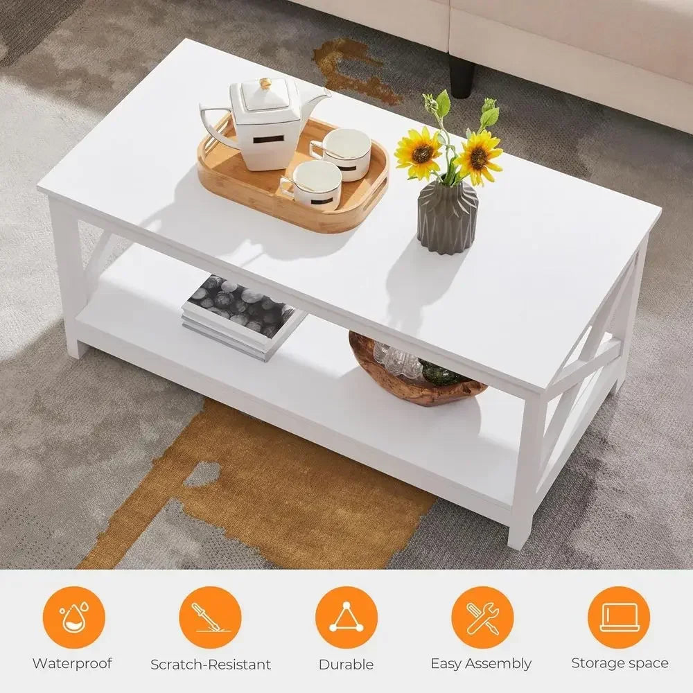 Wood 2 Tier White Coffee Table With Storage Shelves
