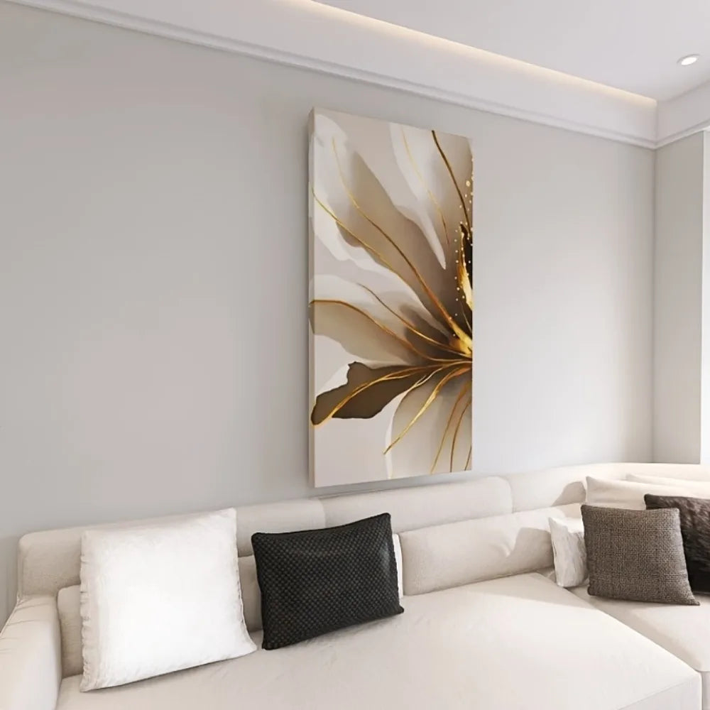 1.5 inch thick pine solid wood frame, modern abstract gold lily canvas art, living room, bedroom, hallway wall decoration