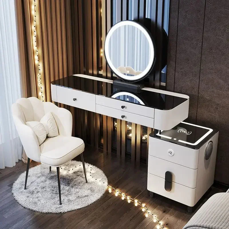 Modern Wooden Makeup Vanity With Wireless Charging And LED Mirror