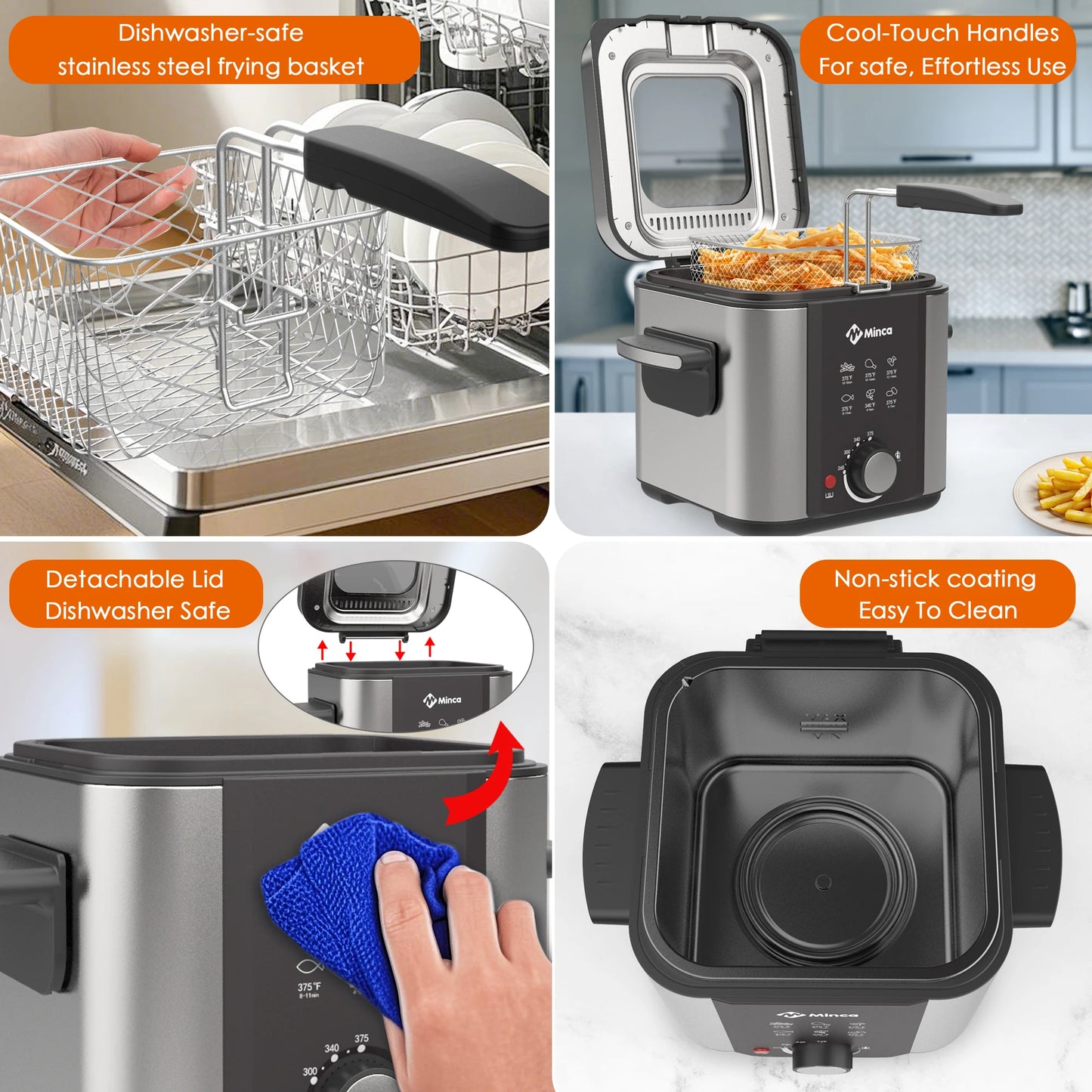 Minca 1.5L Electric Deep Fryer with Viewing Window, Adjustable Temp, Removable Basket, Stainless Steel Body & Cool-Touch Handle