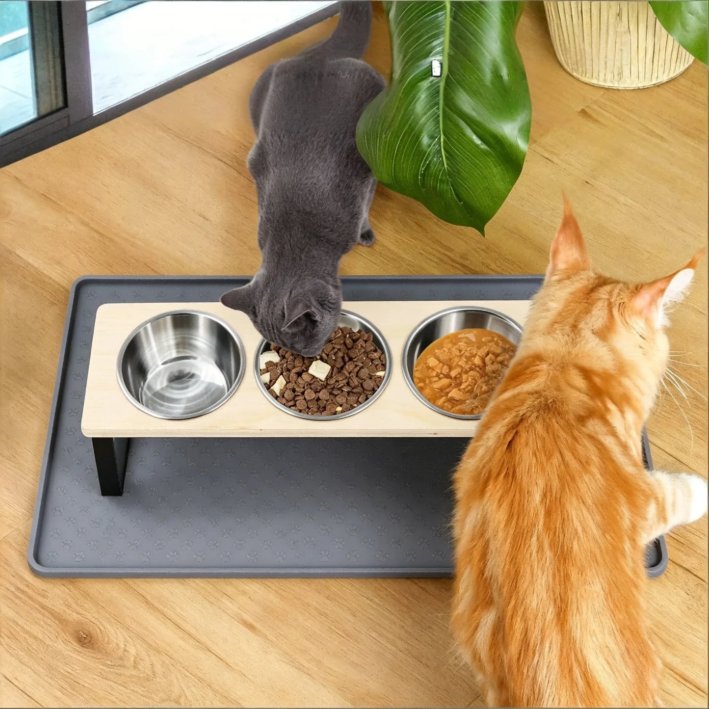 Elevated Cat Feeder Tilt 15° With Bamboo Iron Stand Bowls