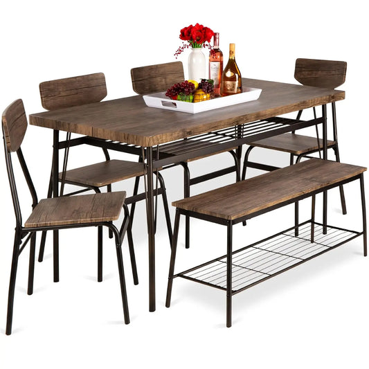 6-Piece 55in Modern Dining Set for Home, Kitchen, Dining Room w/Storage Racks, Rectangular Table, Bench, 4 Chairs,, Customized