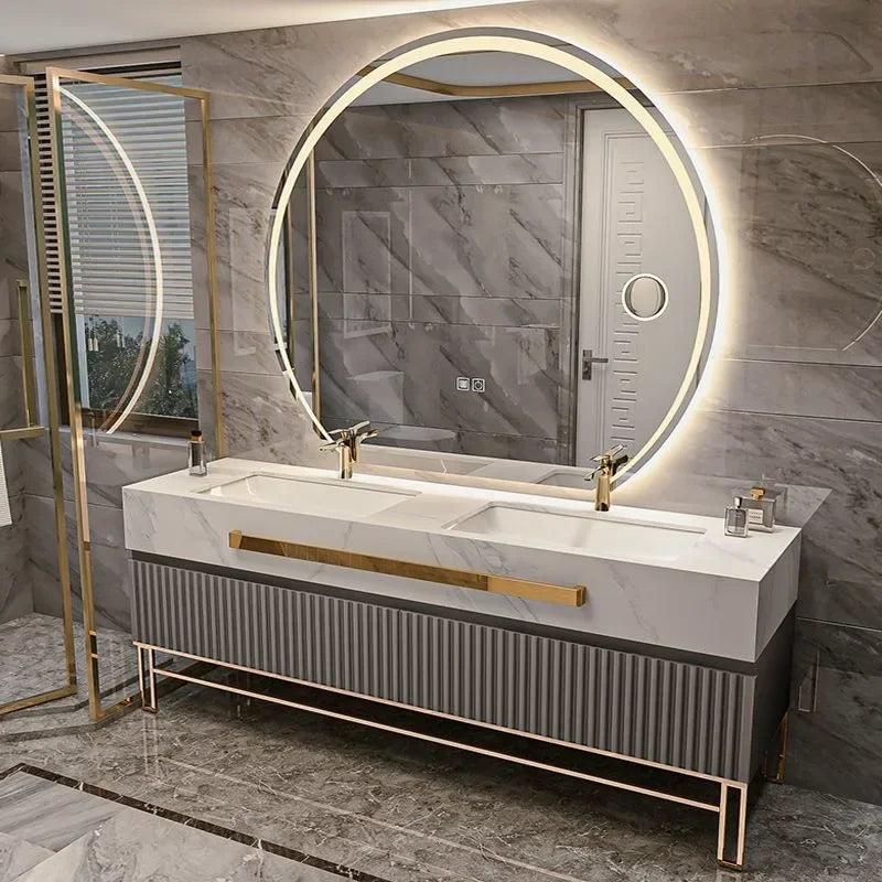 Luxury Bathroom Vanity Cabinet With Smart Led Rock Slab Countertop