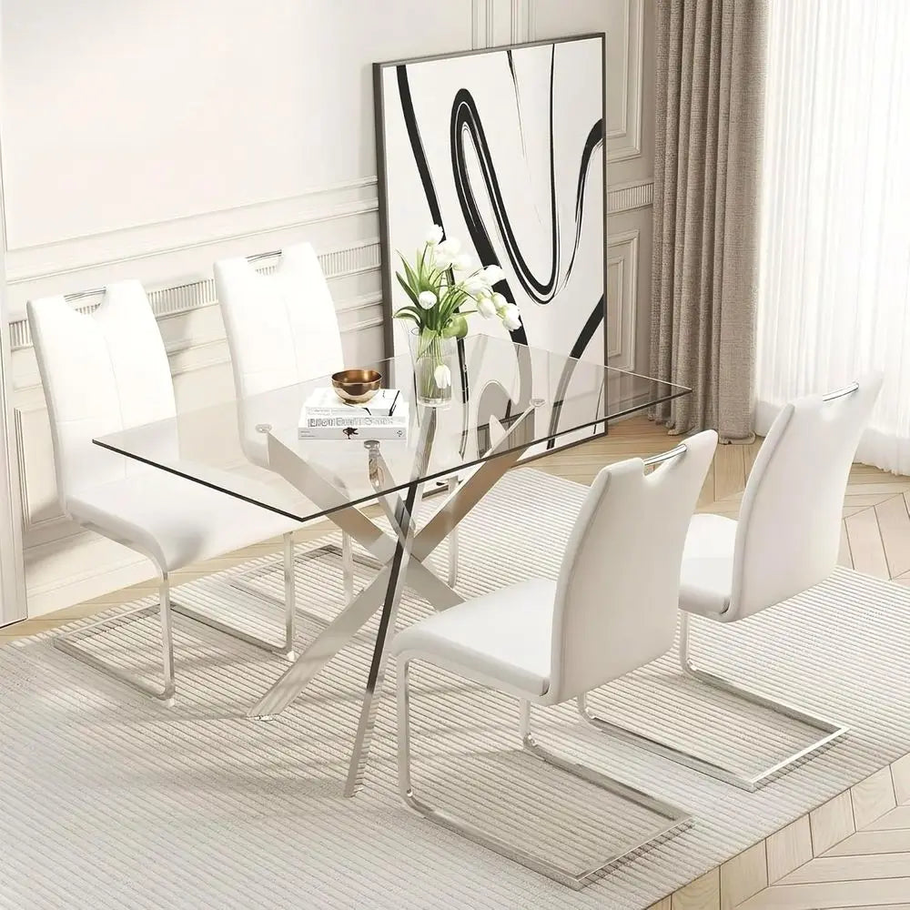 51.18" Glass Dining Table Set or 4, ern Dining Room Table Set with 4 Upholstered Leather Chairs, Space-Saving Recular Glass Tabl