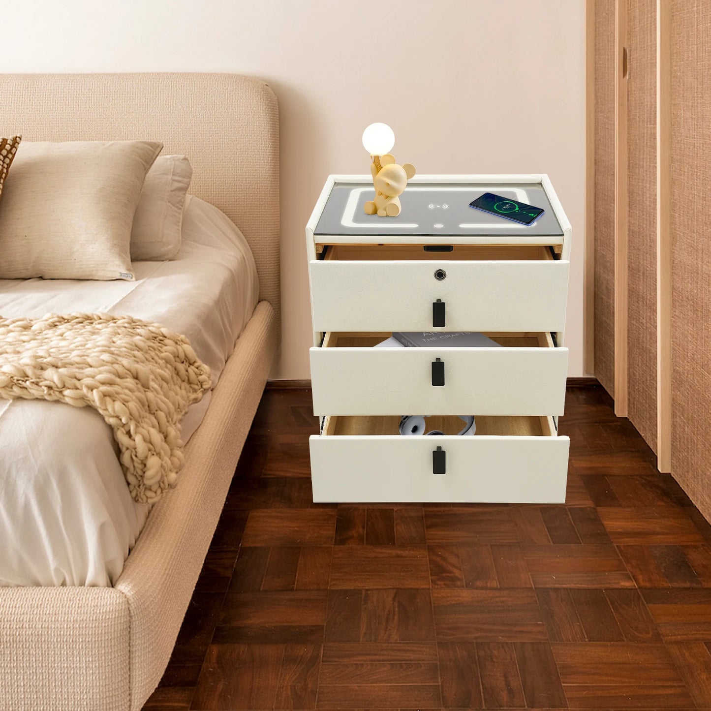 Solid Wood Smart Bedside Table with Drawers - Beige White Nightstand, USB/ Wireless Charging + Bluetooth Speaker