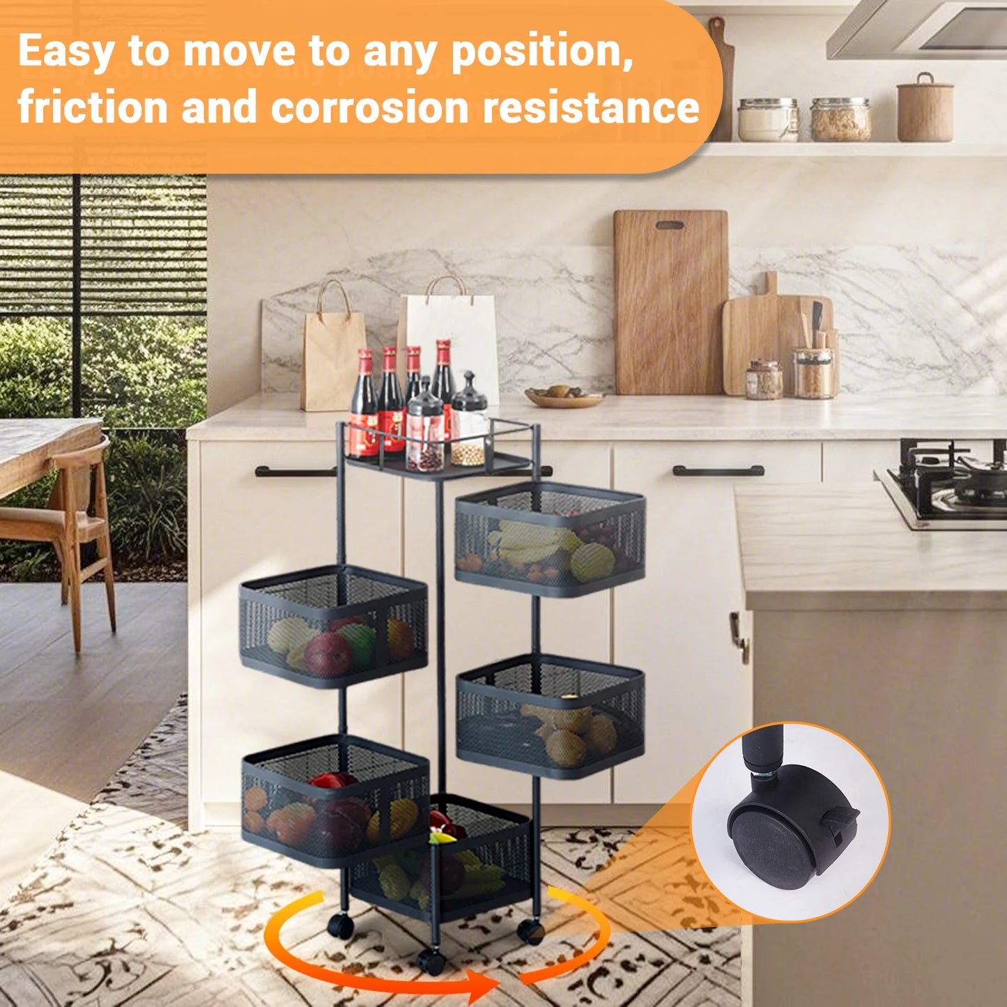 Five Layers 360 Degree Rotatable Trolley Storage Rack, Carbon Steel Storage Rack, Kitchen Vegetable Rack, Snack Storage Rack