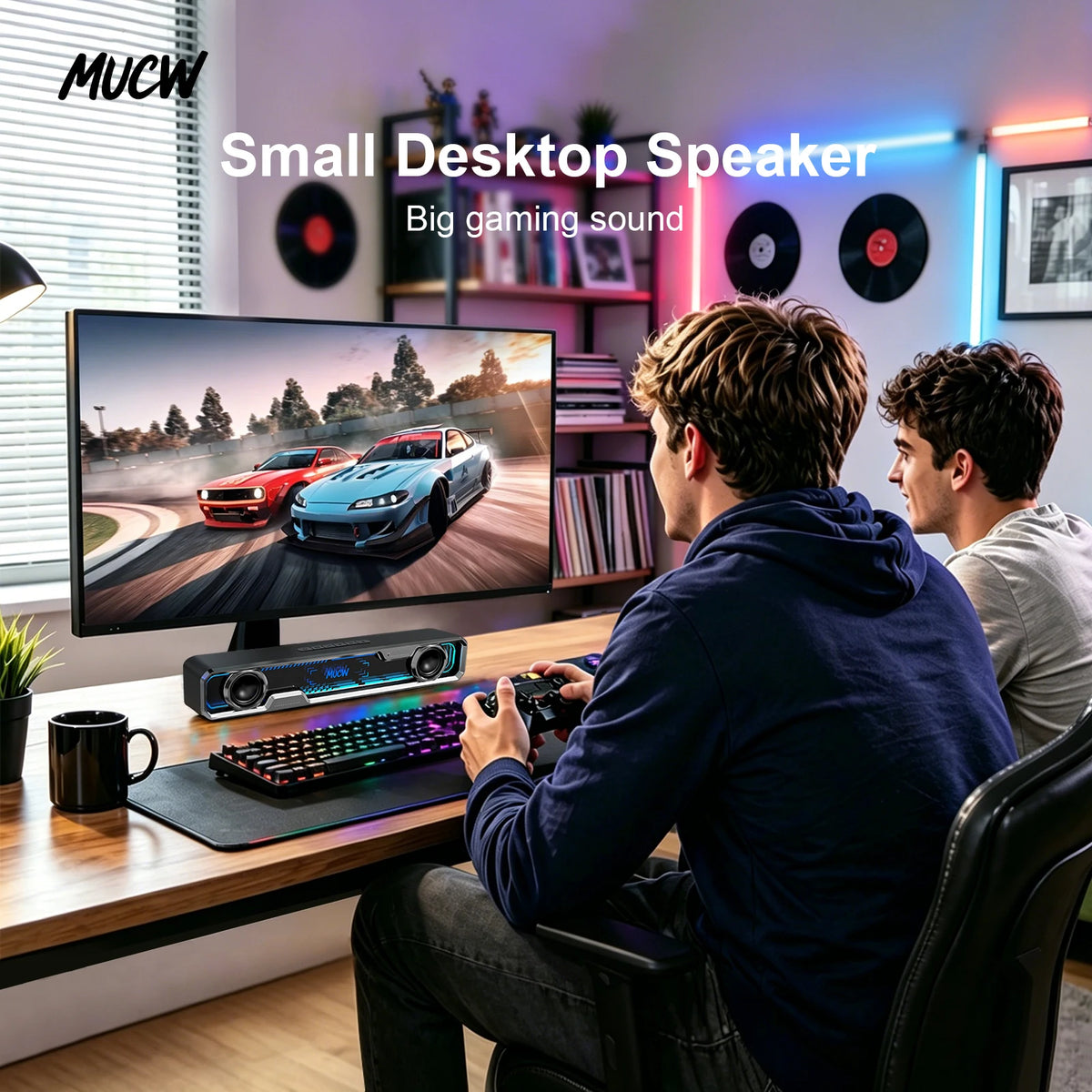 MUCW MU‑C13 Desktop Soundbar 6W Dual‑Driver Stereo Computer Speaker Bluetooth 5.4 & USB Sound Card RGB Gaming Light For PC Monitor Office Gaming