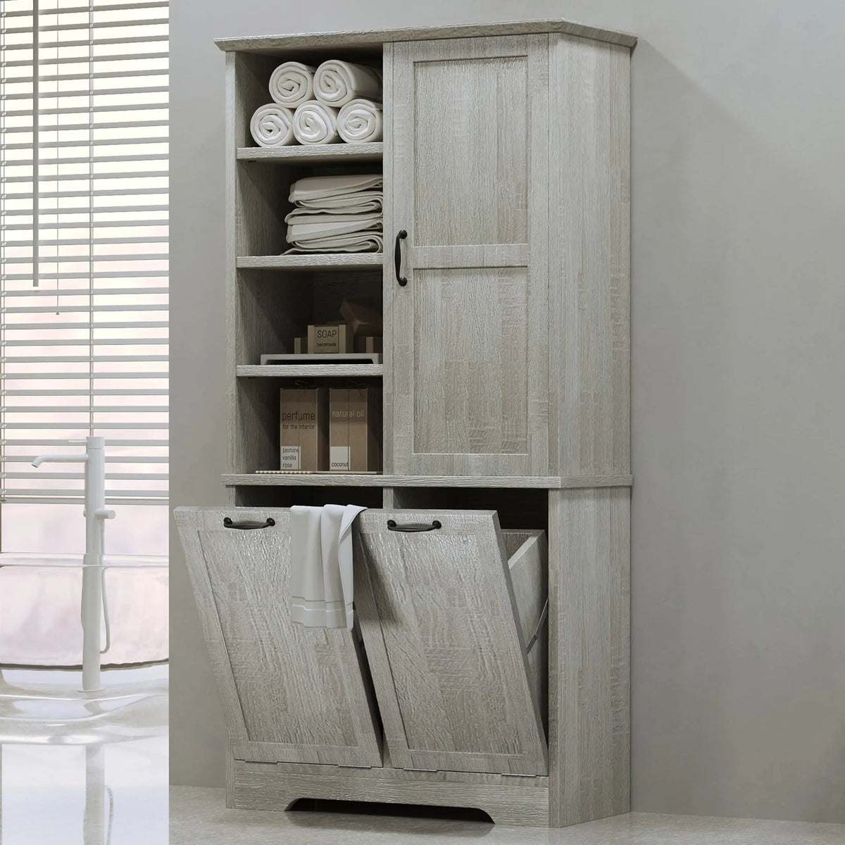 Tall Storage Cabinet with Door and Open Shelf, Multi-Functional Laundry Hamper Basket for Home Bathroom, Laundry Room, White